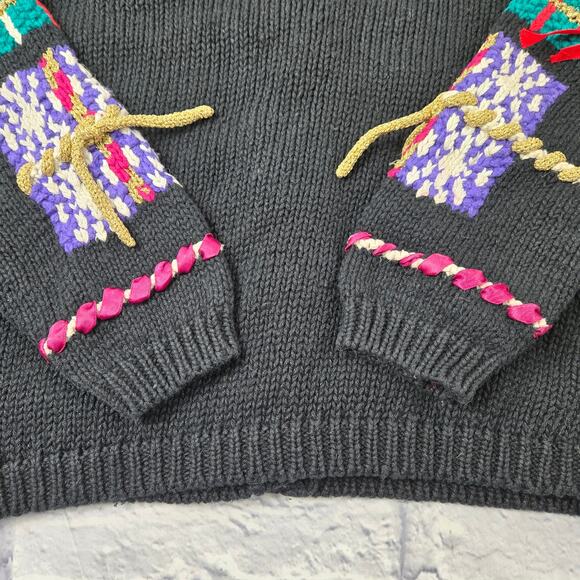 VTG Epoch Knitwear Embellished Cardigan Black Patchwork Button Sweater sz Medium - Picture 9 of 10